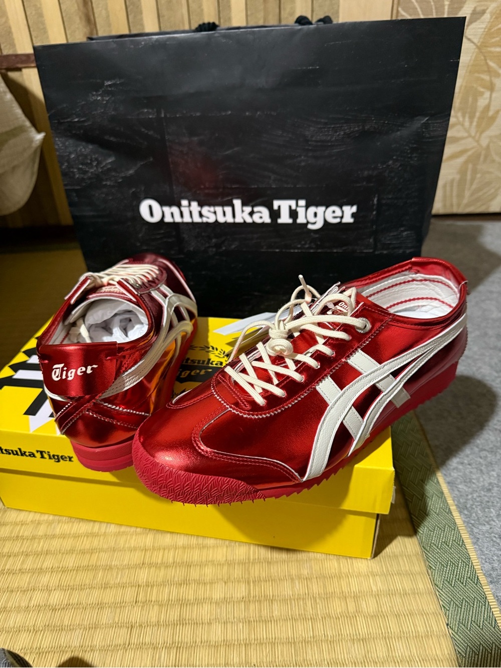 Onitsuka Tiger Shiny Red Low-Top Sneakers with White Stripes